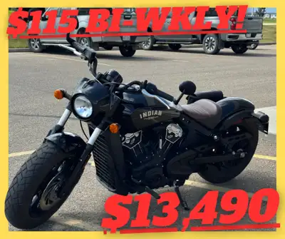 PAYMENTS AS LOW AS $115 BY-WEEKLY. 2019 INDIAN SCOUT BOBBER ABS IN BLACK METALLIC WITH ONLY 2,406 KM...