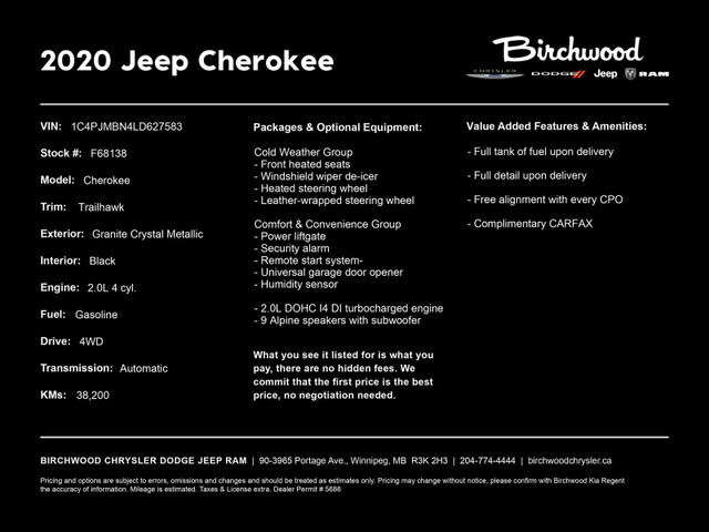 2020 Jeep Cherokee Trailhawk | No Accidents | One Owner | in Cars & Trucks in Winnipeg - Image 2