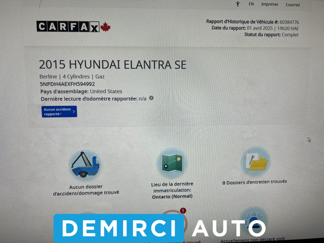 2015 Hyundai Elantra **JAMAIS ACCIDENTEE**SAAQ CERTIFIEE**GL**SI in Cars & Trucks in Laval / North Shore - Image 2