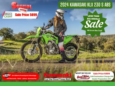 $300 MegaCash Discount!Only $31 Weekly, All-in On the Street or TrailThe 2024 Kawasaki KLX 230 S is...