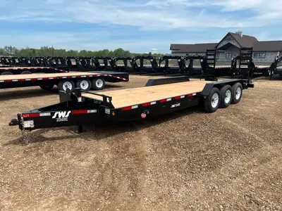 NEW 2025 SWS 24' H.D. Equipment Car Hauler Trailer Tri Axle Stand-Up Ramps w/ 2' Dovetail 3 x 7000 l...
