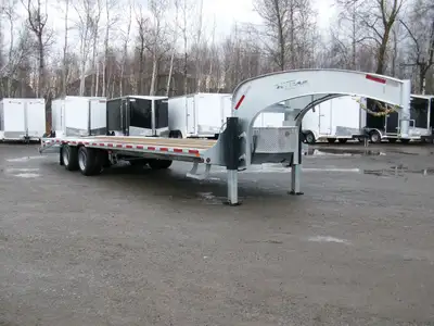 PLATE-FORME GOOSE NECK GALVANISE 25' + 5' DE RAMPE FLIP 40" DE LARGE 2 ESSIEUX DEXTER DE 15000LB.CH....