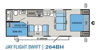 Jay Flight Swift Travel Trailer, Rear Double Bed w/Bunk Above, Wardrobe, Tub/Shower, Toilet, Lav., M...