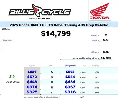 2025 HONDA CMX 1100 TS CMX 1100 TS Rebel Tour ABS Grey NEW Advertised at $ 14799 Including fine prin...