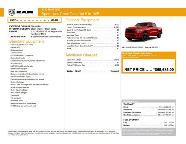 2022 RAM 1500 Sport 4x4 Crew Cab 5'7 Box Level 2 Grp 12''