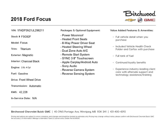 2018 Ford Focus Titanium Low KM | Moonroof | Leather in Cars & Trucks in Winnipeg - Image 2