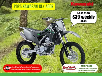 Less than $39 Weekly on the TrailOur 2025 Kawasaki KLX 300R with KX-inspired styling and ergonomics...