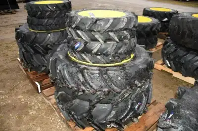 SET OF MITAS TIRES & RIMS (UNUSED), TWO 200/70R16 FRONT TIRES, TWO 320/70R24 REAR TIRES, (ONE MONEY)...
