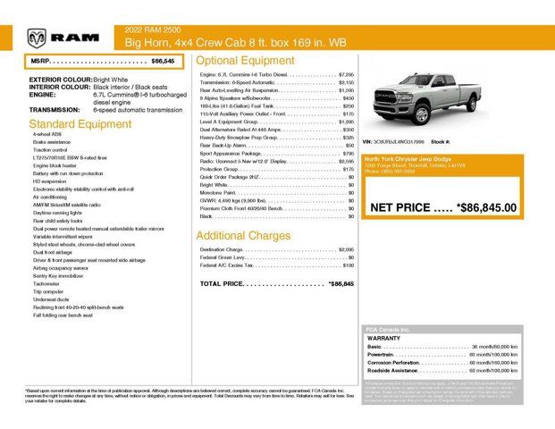 2022 RAM 2500 Big Horn 4x4 Crew Cab 8' Box Level A Grp 12''