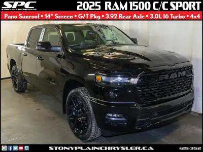 The 2025 RAM 1500 Sport 4x4 Crew Cab 5'7" Box is a brand new truck, available at Stony Plain Chrysle...