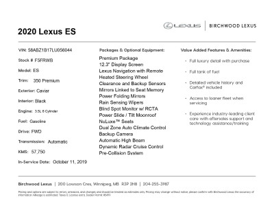 2020 Lexus ES 350 Premium Nav | Blind Spot | Moonroof