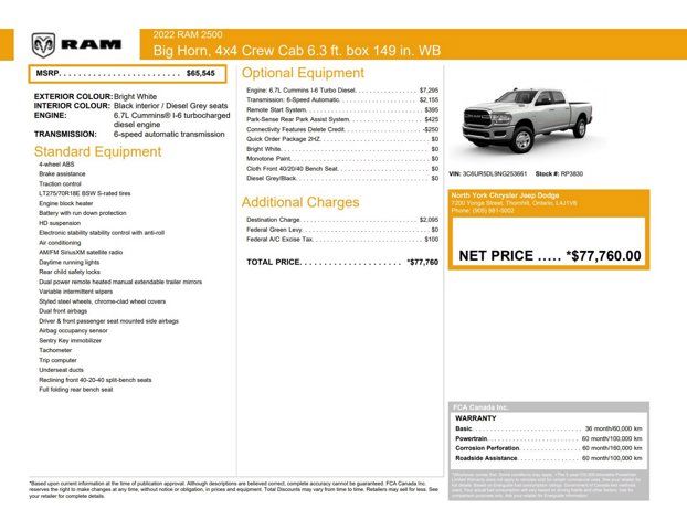 2022 RAM 2500 Big Horn 4x4 Crew Cab 6'4 Box Diesel Remote Start