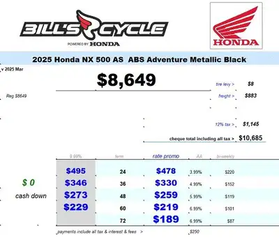 2025 HONDA NX 500 AS NX 500 AS ABS Matte Black NEW Advertised at $ 8649 Including fine print $ 9456...