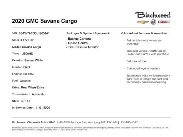 2020 GMC Savana Cargo 2500 "2-year Maintenance Free!" in Cars & Trucks in Winnipeg - Image 3