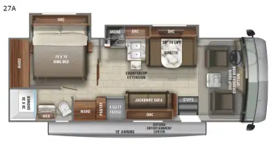 Jayco Alante Class A gas motorhome 27A highlights: 70in.in. x 74in.in. King Bed Two Large Wardrobes...