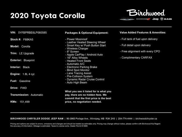 2020 Toyota Corolla LE | Local | One Owner | No Accidents | in Cars & Trucks in Winnipeg - Image 2