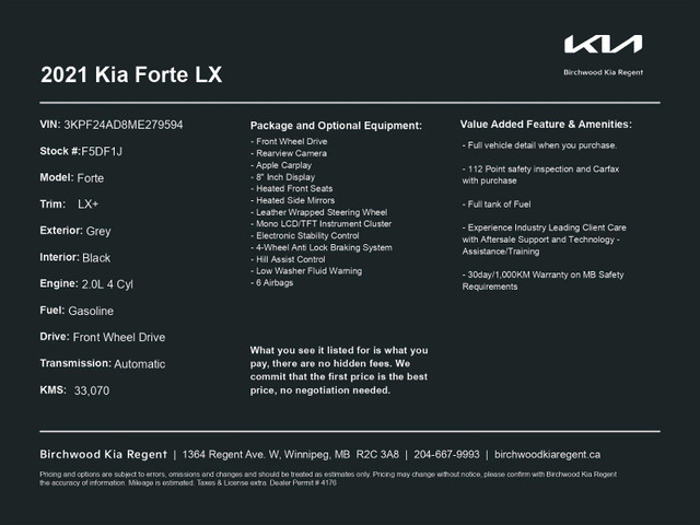 2021 Kia Forte LX Kia Certified | Local Trade | Low Mileage in Cars & Trucks in Winnipeg - Image 2