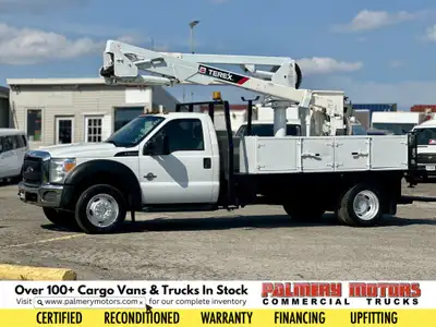 43FT+ platform height Terex bucket truck, service body with aluminum locking cabinets, 6.7L Diesel e...