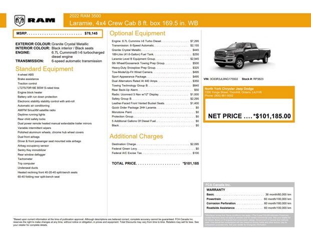 2022 RAM 3500 Laramie 4x4 Crew Cab 8' Box Level B & Safety Grp