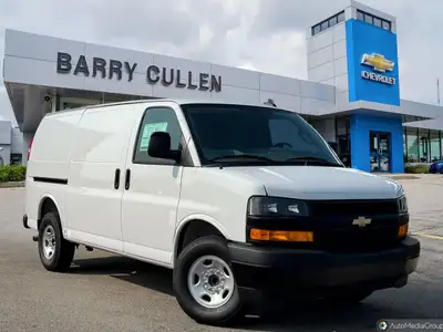 Introducing the 2025 Chevrolet Express Cargo Van in a crisp white hue with Rear-Wheel Drive that pro...