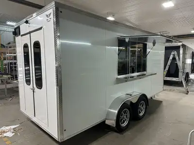 7x18 All Aluminum Trailer Fold Down Banners on Roof, All Vinyl Signage Rear Entrance Doors 16 Deep F...