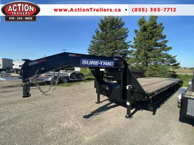 LOW PROFILE FLATBED DECK OVER GOOSE NECK HD EQUIPMENT HAULER SURE-TRAC 22.5K TANDEM DUALLY 8.5 X 25'...