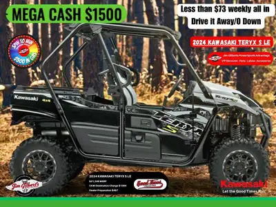 $1500.00 MegaCash, Only $73 weekly, all in on the trail! Discover the 2024 Kawasaki Teryx S LE, the...