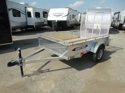 Come check out this aluminium 5x8 utility trailer. It has a single 3500 lb axle with aluminium rims...