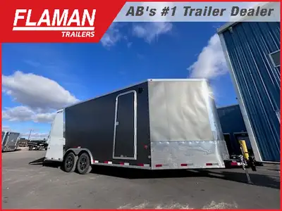 2025 ROYAL 8'X18' + 4' V-NOSE ENCLOSED SLED TRAILER Color: Charcoal and White w/ Chrome Slash (2) 35...
