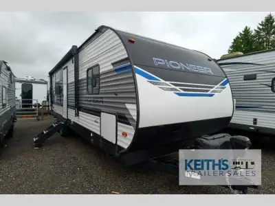 Heartland Pioneer travel trailer RK 300 highlights: Rear Kitchen U-Shaped Dinette Two Chairs Firepla...