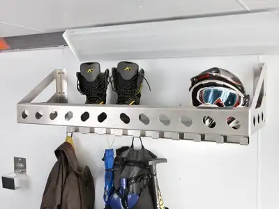 Our Helmet Rack is constructed out of 1/8" 5052 aluminum, has built in hooks underneath and a cut ou...