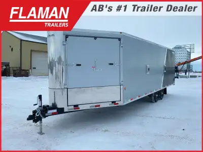 Located in Dawson Creek 2024 ROYAL 8'X26' ENCLOSED SLED TRAILER Color: Silver and Black w/ Chrome Sl...