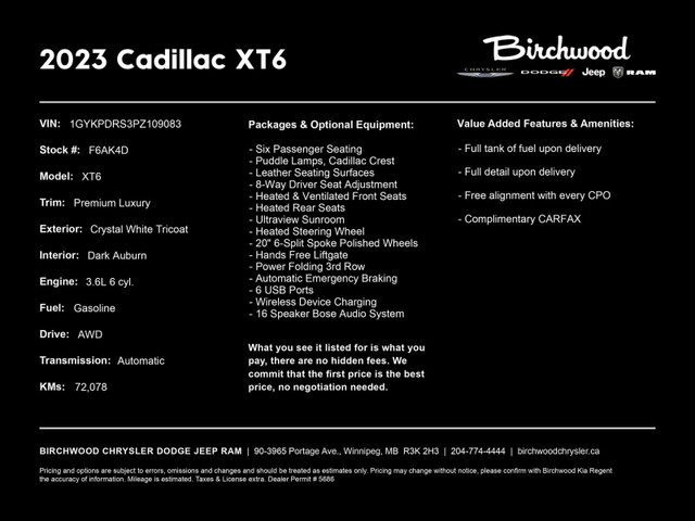 2023 Cadillac XT6 AWD Premium Luxury | Local | One Owner | Bose  in Cars & Trucks in Winnipeg - Image 2