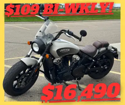 PAYMENTS AS LOW AS $109 BY-WEEKLY. OWNER SELLING 2024 INDIAN SCOUT BOBBER ABS SILVER QUARTZ SMOKE. 1...