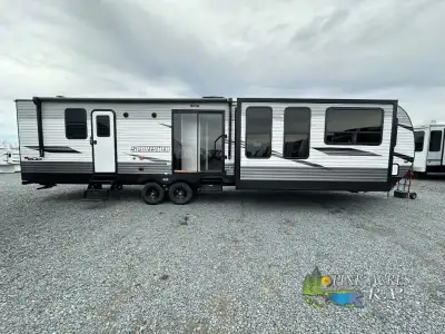 KZ Sportsmen destination trailer 363FL highlights: Rear Private Bedroom Tri-Fold Sofa Patio Door Fir...