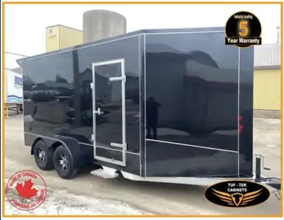 For sale is a Tow Tek Trailers 7 x 14 Tuxedo Blackout edition cargo trailer with a white striker pac...