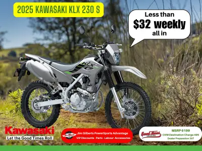 Less than $32 Weekly on the TrailTurn every ride into an adventure with the Kawasaki KLX230 S, avail...