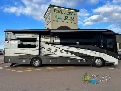 Newmar New Aire Class A diesel motorhome 3549 highlights: Visionary 87in.in. Tri-Fold Sofa TV on Pow...