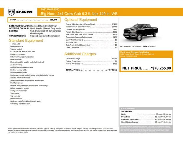 2022 RAM 2500 Big Horn 4x4 Crew Cab 6'4 Box Diesel Remote Start