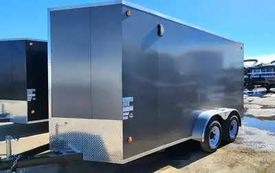 7 ft. wide x 14 ft. long body plus 2 ft. V-nose x 78" rear door height (83" interior height), 2 of 3...