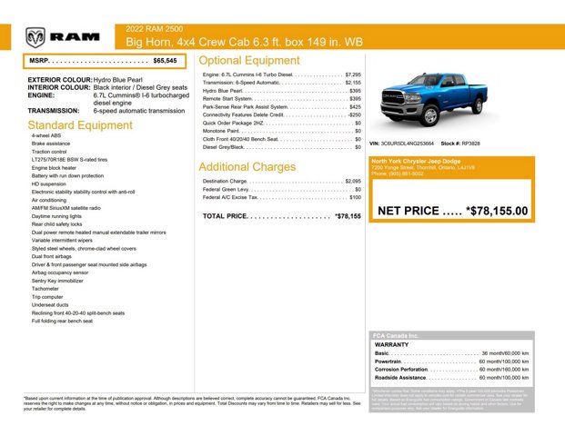 2022 RAM 2500 Big Horn 4x4 Crew Cab 6'4 Box Diesel Remote Start