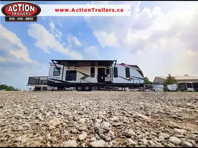 STRYKER ST3414 TOY HAULER WITH UPGRADED REAR PATIO WITH FOLDING RAILS, AND 50 AMP SERVICE WITH 2ND A...