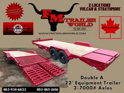 22' Double A Pro Series Equipment Flat Deck Trailer 2 7000# Conquer Ramps ALBERTA Built. Low Overhea...