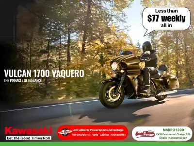 Elegance on Two Wheels Meet the 2025 Vulcan VaqueroLess than $77 Weekly on the Pave, the 2025 Kawasa...