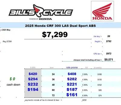 2025 HONDA CRF 300 LAS CRF 300 LAS Dual Sport ABS Red NEW Advertised at $ 7299 Including fine print...
