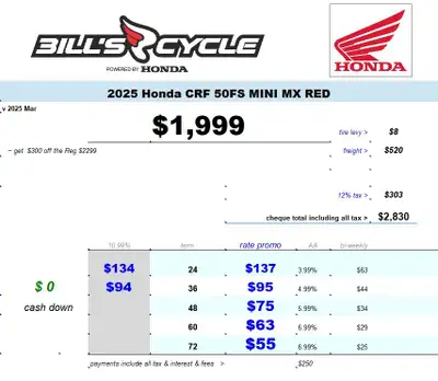 2025 HONDA CRF 50 FS CRF 50 FS Mini MX Red NEW - Reg $2299 Advertised at $ 1999 Including fine print...