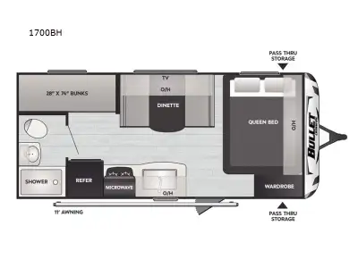 Keystone Bullet Classic travel trailer 1700BH highlights: Pass-Through Storage Full Bath 11' Awning...
