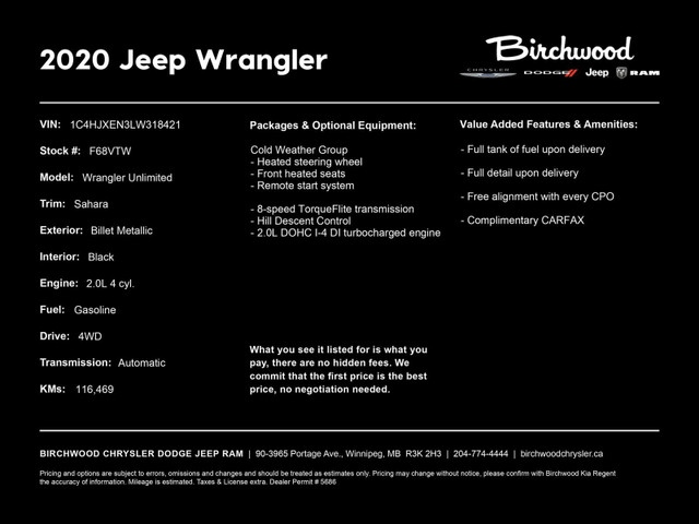 2020 Jeep Wrangler Sahara | Local | Remote Start | Heated Seats  in Cars & Trucks in Winnipeg - Image 2
