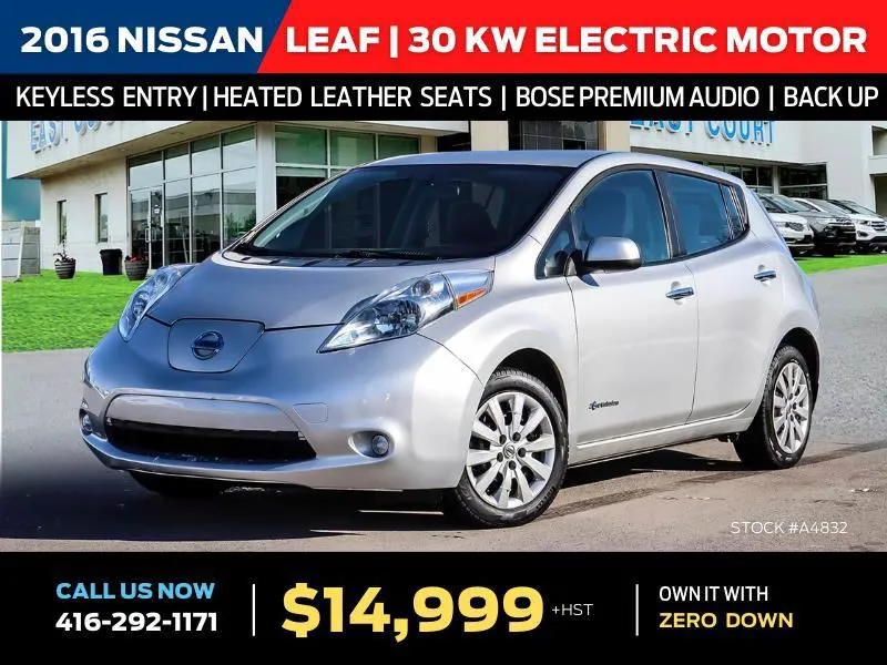 2016 Nissan LEAF S 30kW electric motor, Keyle entry and ignitio