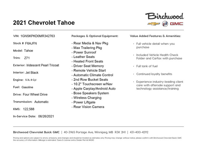 2021 Chevrolet Tahoe Z71 5.3L V8 | Sunroof | Navigation in Cars & Trucks in Winnipeg - Image 3